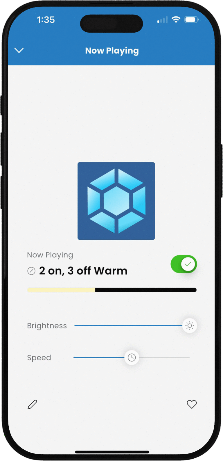 Mobile phone screen displaying the 'Now Playing' interface for Halo Lighting, showing a blue logo with a gradient hexagon design, and controls for brightness and speed.