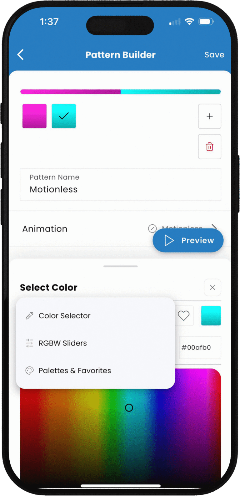 Halo Lighting's mobile application screenshot displaying the Pattern Builder interface, featuring various color selection tools and pattern creation options.