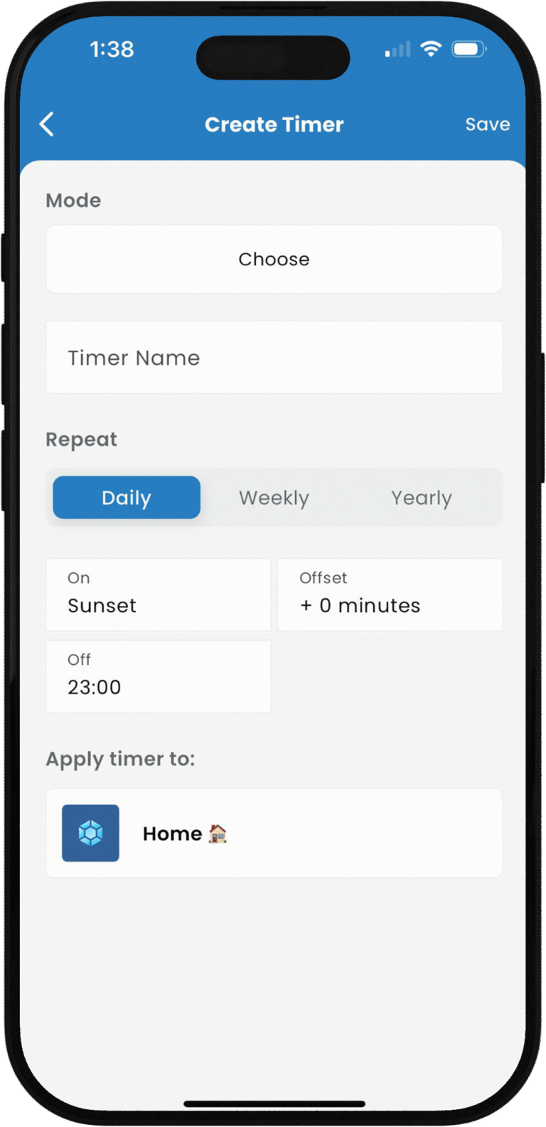 An iPhone screen showing a "Create Timer" interface within the Halo Lighting mobile app. The user is configuring a timer with options for mode, name, and repeat frequency (daily, weekly, or yearly). The "On" time is set to "Sunset" with an offset of +0 minutes, and the "Off" time is manually set to 23:00. The timer will be applied to the "Home" device.